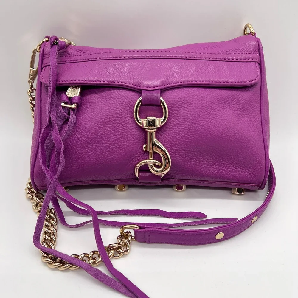 REBECCA MINKOFF Mini MAC Crossbody Bag Womens Purple Leather Chain Strap - Picture 2 of 16